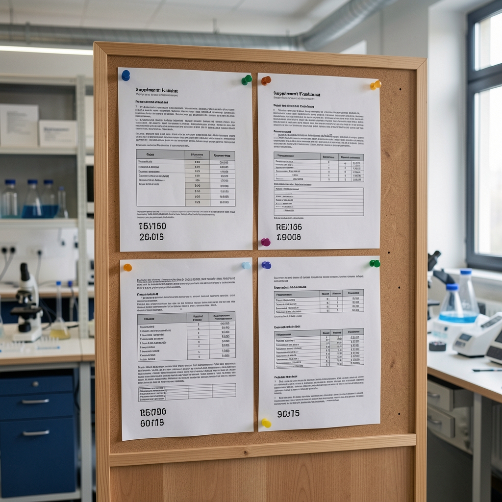 Supplement formulation process schematic documents pinned on a wooden board in a Warsaw research workspace, revision numbers and ingredient batch codes visible under controlled lighting